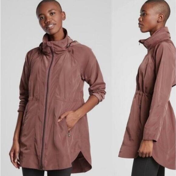 Athleta Drip Drop Jacket Windbreaker Stowaway Mauve Hooded Long - Picture 1 of 12